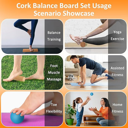 Cork Balance Board,4-in-1 Foot & Ankle Strengthener Kit-Ankle & Foot Strengthener Balance Trainer with Massage Roller & Ball,Natural Cork Foot Strengthener,Improve foot Functio,Enhance ankle strength,Balance Stability, Prevent Falls.