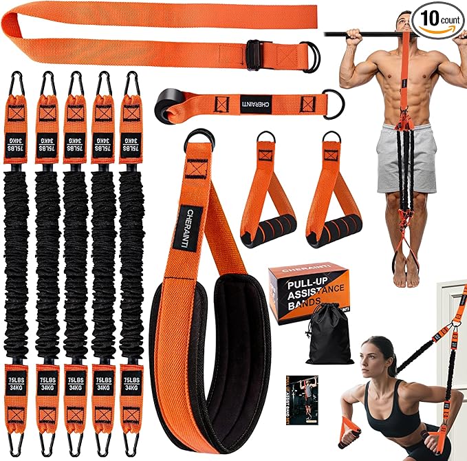 CHERAINTI Pull Up Assistance Bands, 375lbs Heavy Duty Pullup Assist Band Set with 5 Resistance Bands, Adjustable Strap, Comfortable Foot/Knee Rest, Handles & Door Anchor for Home Gym Strength Training