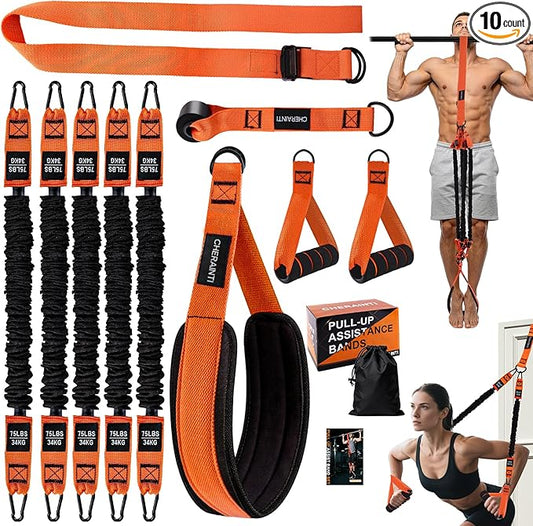 CHERAINTI Pull Up Assistance Bands, 375lbs Heavy Duty Pullup Assist Band Set with 5 Resistance Bands, Adjustable Strap, Comfortable Foot/Knee Rest, Handles & Door Anchor for Home Gym Strength Training