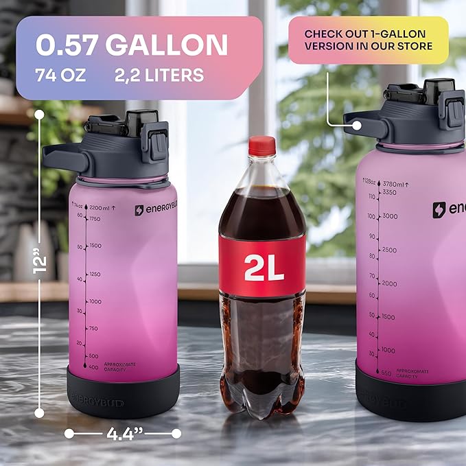 1/2 Gallon Water Bottle with 74.3 oz Capacity - Motivational Time Markers for Daily Hydration Goals - Leakproof BPA Free Tritan with Removable Straw