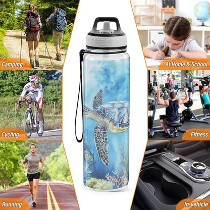 Fustylead Watercolor Sea Turtle Swimming in Ocean Tritan Water Bottle with Straw and Lids, 32 oz Reusable BPA Free Sport Water Bottle for Gym Camping Hiking Travel