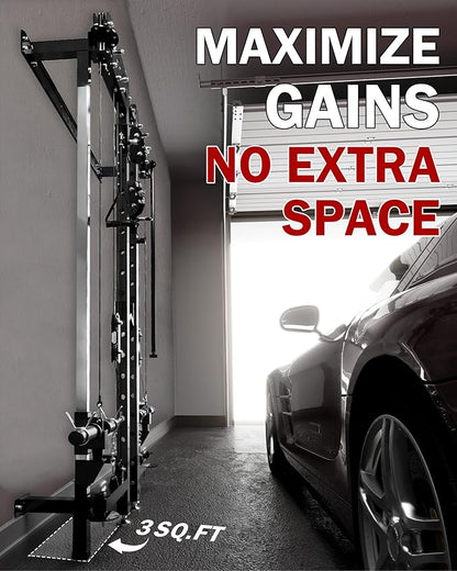Mikolo Folding Squat Rack, Wall Mounted Power Rack with Cable Crossover Machine & LAT Pull Down, Functional Trainer with 5 Adjustable Function Modes, for Home Gym and Space Saving