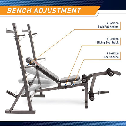 Marcy Olympic Workout Bench for Home Gym Strength Training Equipment with Preacher Curl Pad and Weight Rack Storage, White/Black