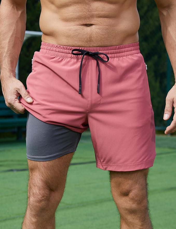 Men 2 in 1 Running Shorts with Compression Liner 5" 7" Quick Dry Workout Athletic Shorts with Pockets Towel Loop