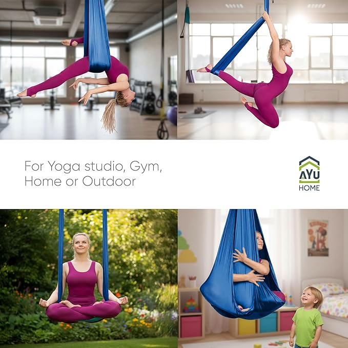 AyuHome Aerial Silks Kit for Home - Premium Yoga Swing for Kids and Adults with 660 lbs Capacity - Versatile Aerial Yoga Hammock for Gymnastics Training