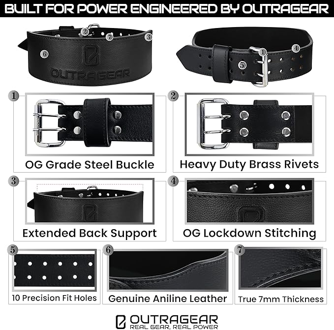 Real Leather Weight Lifting Belt - 7mm Gym Belt for Strength Training - Adjustable Buckle Weight Lifting Belts for Men & Women with Core Back Support