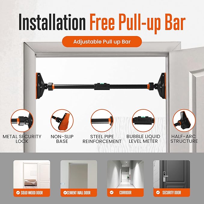 SQUATZ Adjustable Pull-Up & Chin-Up Bar - Door Frame & Doorway No-Screw, No-Damage Hanging Bar for Home Strength Training Exercise Equipment for Men and Women (43 to 62 inches)