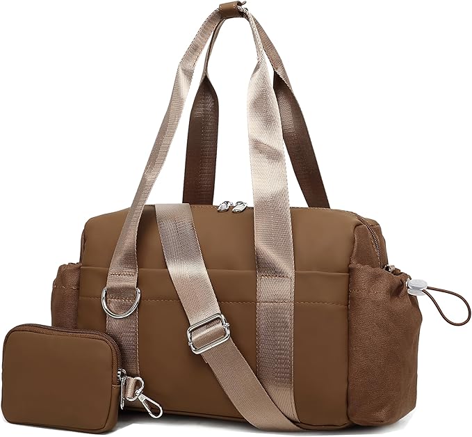 Everyday Mini Gym Bag for Women 2.0, Small Tote with Zipper Compartment Waterproof Travel Duffle Cute Handbag Workout Carry On with Removeable Shoulder Strap & Coin Wallet Easy to Clean - Brown