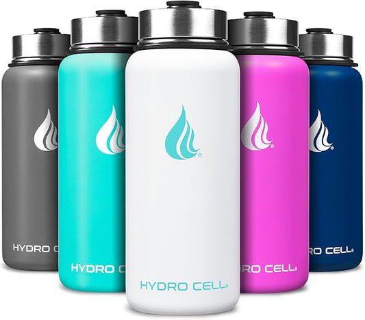 HYDRO CELL Stainless Steel Insulated Water Bottle with Straw - For Cold & Hot Drinks - Metal Vacuum Flask with Screw Cap and Modern Leakproof Sport Thermos for Adults (White 32oz)