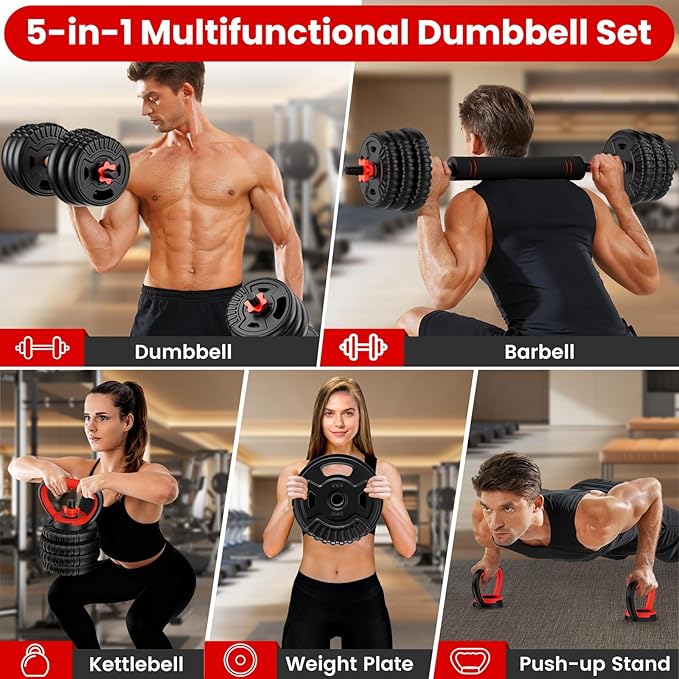 Adjustable Dumbbell Set, 22/33/45/70/90lbs Free Weight Set with Connector, 5-in-1 Dumbbell Set for Barbells, Kettlebells, Push up Stand, Weight Plate, Fitness Exercises for Home Gym Suitable Men/Women