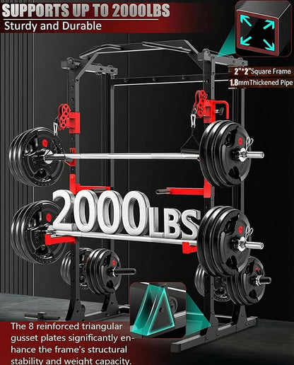OPPSDECOR 2.0 PRO Power Cage Home Gym - 2000LBS Heavy Duty Power Rack with Independent Dual Pulley Cable Crossover System, Safety Bar, J-Hook, Pull-up Bar, Dip Station - 13.26 ft² Compact Squat Rack