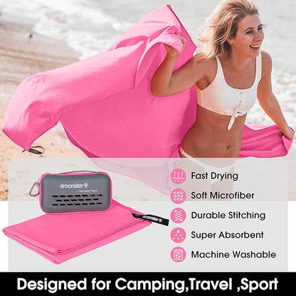 4Monster Quick Dry Travel Towel with Case & Carabiner – Super Absorbent Microfiber Gym & Camping Towel. Compact, Lightweight, Fast Drying for Beach, Swimming, Hiking, Backpacking