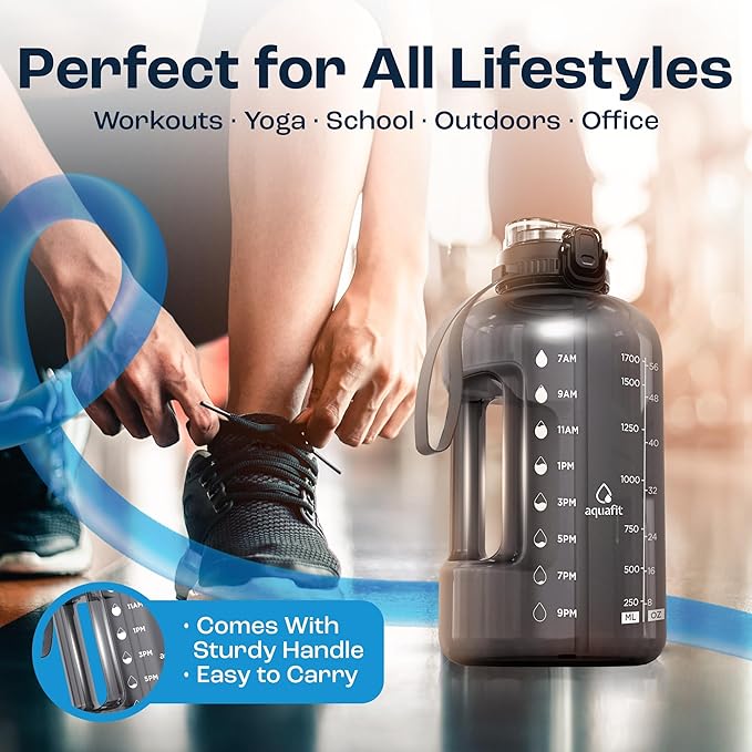 AQUAFIT Half Gallon Water Bottle with Time Marker - Straw & Chug Lid - BPA Free Gym Water Bottle with Straw - Big Gallon Jug (Gray, 64 oz - 2in1 Lid)
