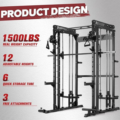 RitFit M1 Pro Smith Machine with Cable Crossover System, Multi-Function Squat Rack Power Cage for Home Gym, Power Rack and Packages