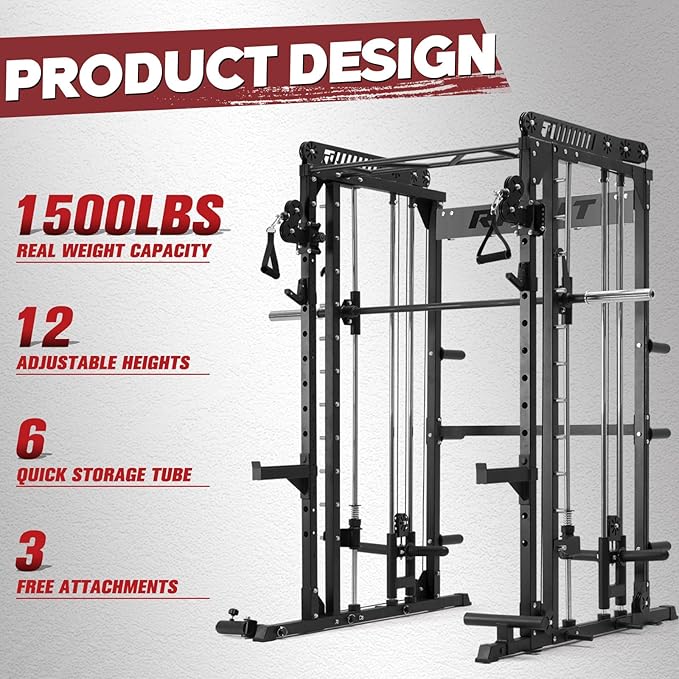 RitFit M1 Pro Smith Machine with Cable Crossover System, Multi-Function Squat Rack Power Cage for Home Gym, Power Rack and Packages