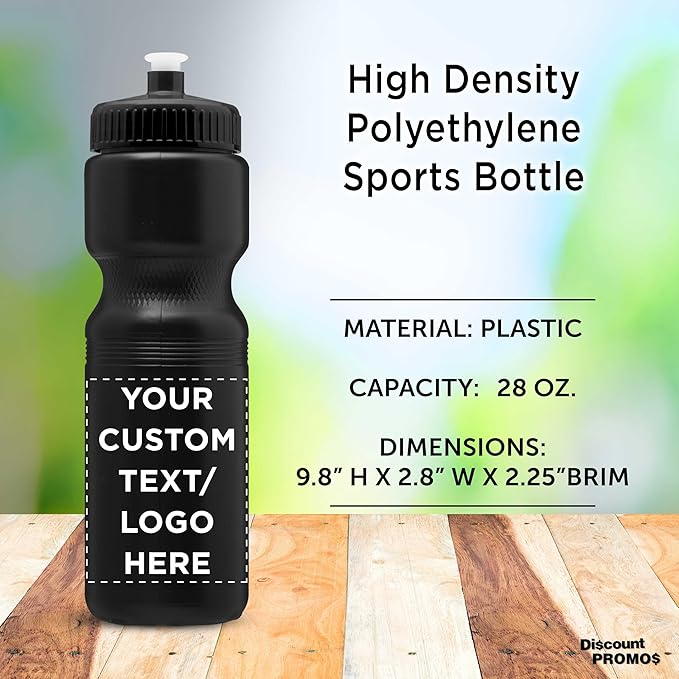 DISCOUNT PROMOS 28 oz. Custom Push Cap Plastic Water Bottles Set of 10/50/100, Personalized Bulk Pack - Perfect for Gym, Hiking, Camping, Outdoor Sports - Black