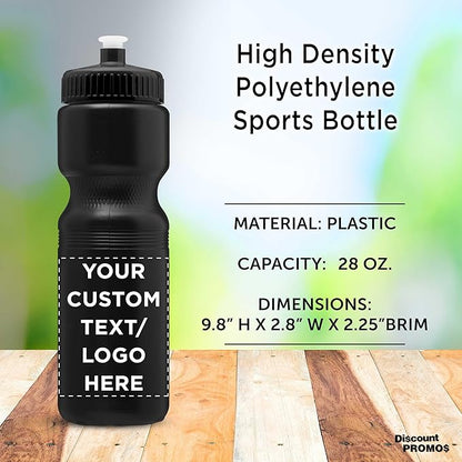 DISCOUNT PROMOS 28 oz. Custom Push Cap Plastic Water Bottles Set of 10/50/100, Personalized Bulk Pack - Perfect for Gym, Hiking, Camping, Outdoor Sports - Black
