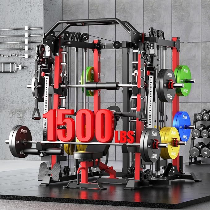 Smith Machine with Cable Crossover System, Multi-Function Squat Rack Power Cage for Home Gym, Power Rack and Packages Weight Sets