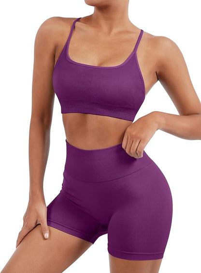 SUUKSESS Women Seamless Workout Sets Strappy Sports Bra High Waist Booty Shorts Outfits