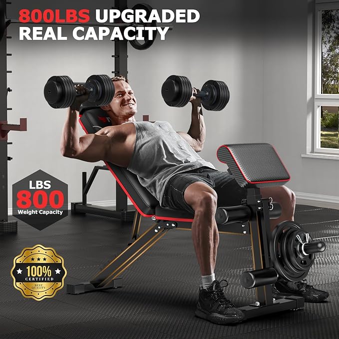 Foldable Workout Bench, Adjustable Weight Bench for Home Gym with Leg Extension, Preacher Pad, Extended Headrest, Collapsible Bench Press Full Body Workout Strength Training Banco de Pesas