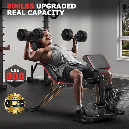 Foldable Workout Bench, Adjustable Weight Bench for Home Gym with Leg Extension, Preacher Pad, Extended Headrest, Collapsible Bench Press Full Body Workout Strength Training Banco de Pesas