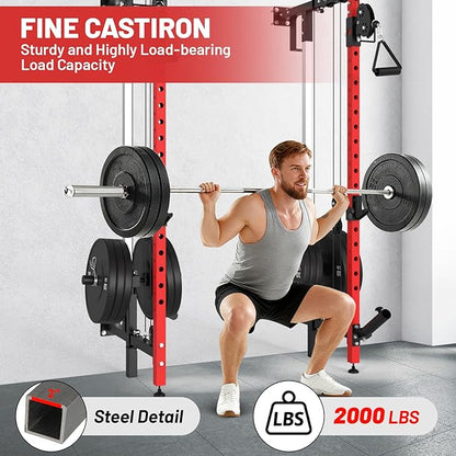 GarveeLife Folding Squat Rack, Wall Mounted Power Rack with Pulley System & Pull Up Bar, Compact Fitness Equipment with 5 Adjustable Function Modes for Small Spaces, Garage, Apartment, Red