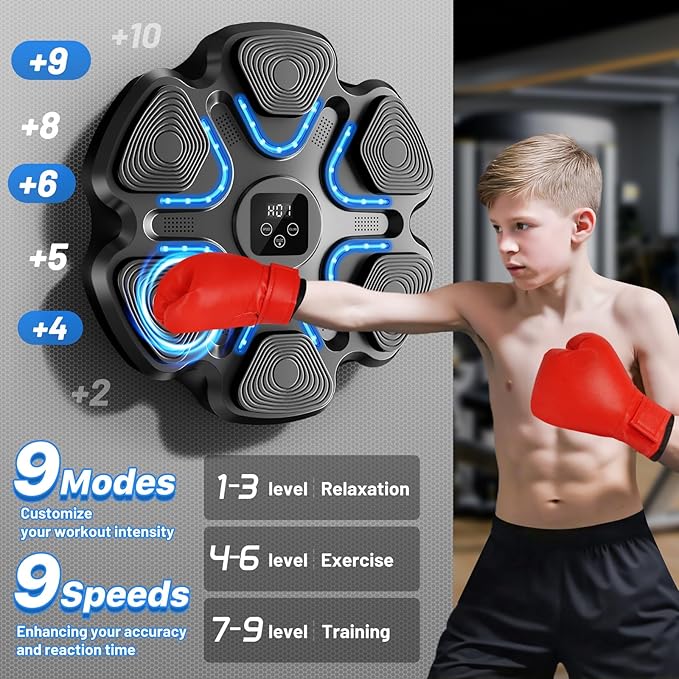 Music Boxing Machine for Kids and Adults, Wall Mounted Bluetooth Punching Trainer with Boxing Gloves, Intelligent LED Boxing Target Workout Machine for Teenagers Boys Girls