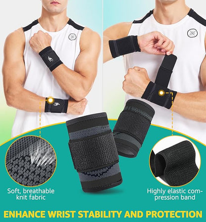 HiRui Wrist Brace Wrist Wraps Compression Wrist Strap, Wrist Support for Work Fitness Weightlifting Sprains Tendonitis, Carpal Tunnel Arthritis, Pain Relief, Adjustable Wristbands 2 PACK (Black, L)