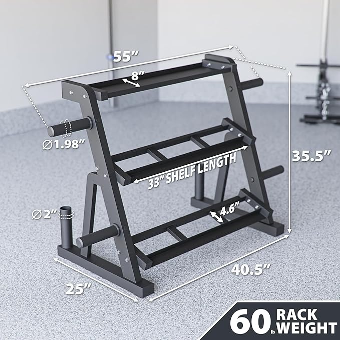 Synergee 3-Tier Dumbbell Storage Rack with 2 Barbell Holders and 4 Weight Plate Pegs, Featuring 2-Tier Dumbbell Storage and 3rd Tier for Kettlebell Storage – Accommodates 1" and 2" Plates – All-in-One