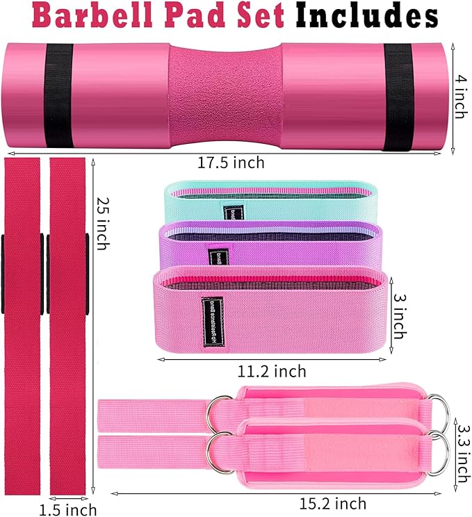 Barbell Pad Set for Squat,10 PCS Hip Thrusts Workout Foam Weight Lifting Bar Cushion with 2 Gym Ankle Straps,3 Hip Resistance Bands,2 Lifting Strap,Barbell Pad and Carry Bag