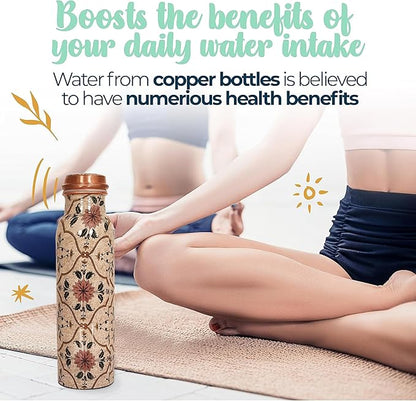 Pure Copper Water Bottle 34 Oz/1 Liter Natural Handmade Leak Proof Vessel For Drinking With Ayurvedic Health Benefits For Sports Fitness Yoga, Gym (IVORY PRINTED)