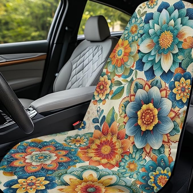 Bulopur Mandala Floral Sweat Seat Covers for Cars Boho Auto Accessories for Women Girly Blue Athletic Running Towel Car Seat Cover After Gym Surfing Yoga Workout