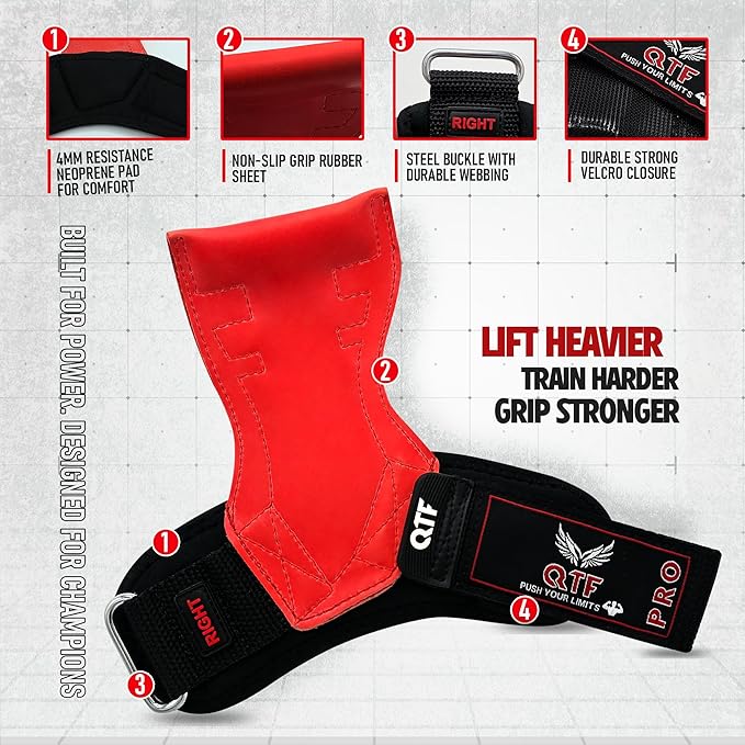 QTF Weight Lifting Grips (Pair) for Heavy Powerlifting, Wrist Straps for Deadlifts, Rows, Pull Ups, with Neoprene Padded Wrist Wraps Support and Strong Rubber Gloves or Straps for Bodybuilding.