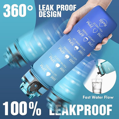 OLDLEY Water Bottle, 32oz Motivational Sports Water Bottle with Time Marker - Times to Drink - Tritan, BPA Free, Wide Mouth Leakproof, Anniversary Birthday Gifts for Men Women, Sky (1 Bottle)