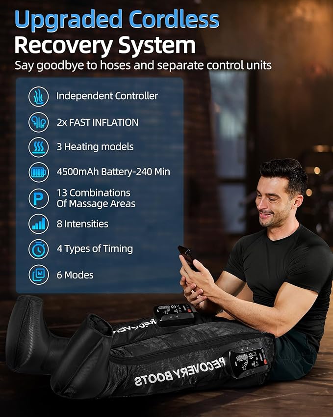 Leg Massager with Heat and Compression: Cordless Recovery System for Improved Circulation, Professional Foot Massage Boots with 5 Massage Areas, 8 Intensities(Only Single Leg)-Small