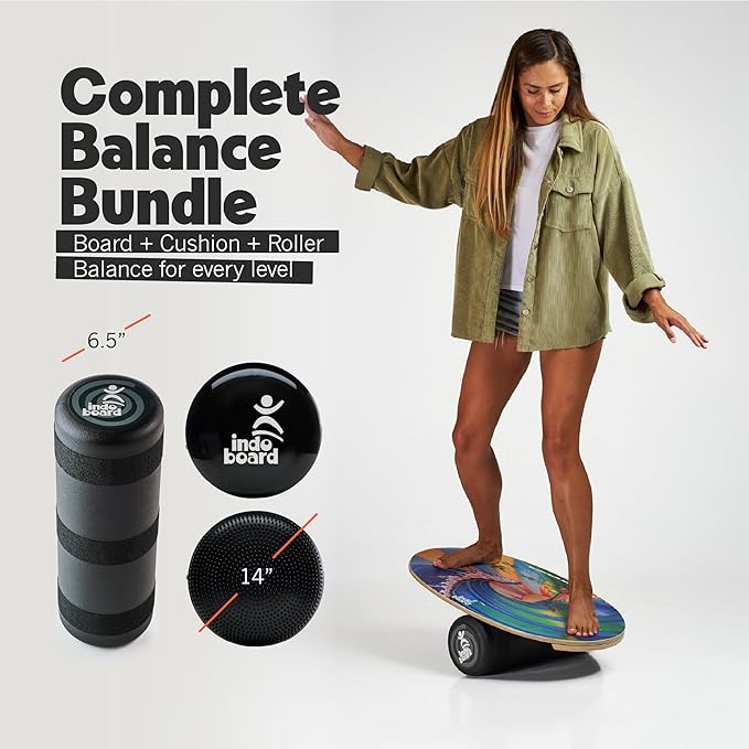 The Original Indo Board Training Package - Balance Board Trainer for Core Strength, Stability & Athletic Performance - Surfing, Skateboarding, Snowboarding, Yoga, Physical Therapy & More. Includes Board, Cushion and Roller.