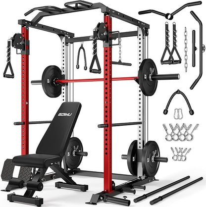 DP01 Power Cage, 2000LBS Squat Rack with with Cable Crossover and Dual Independent Pulley System, Full Cage for Full Body Training, Power Rack with More Training Attachments for Home Gym