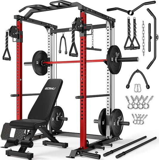 DP01 Power Cage, 2000LBS Squat Rack with with Cable Crossover and Dual Independent Pulley System, Full Cage for Full Body Training, Power Rack with More Training Attachments for Home Gym