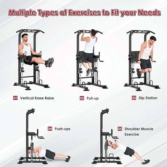 DlandHome Power Tower, Height Adjustable Pull Up Bar Dip Station with Assisted Pad, Multi-Function Home Gym Strength Training Fitness Equipment 330LBS, Black