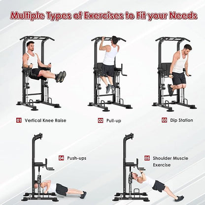 DlandHome Power Tower, Height Adjustable Pull Up Bar Dip Station with Assisted Pad, Multi-Function Home Gym Strength Training Fitness Equipment 330LBS, Black