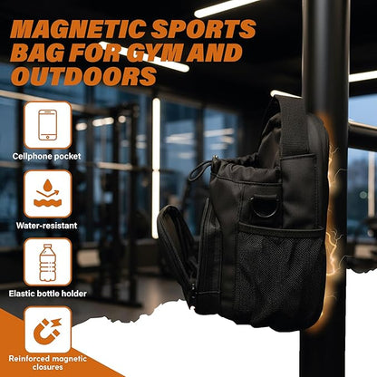 Magnetic Gym Bag for Men and Women - Water Bottle Holder, Phone Pocket, Sling Strap - Durable Sports Workout Crossbody Shoulder Pouch for Travel Exercise - Magnetic Gym Pouch.