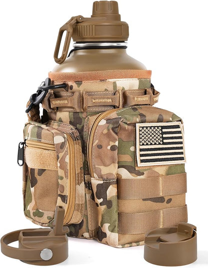 Tactical Half Gallon Water Bottle with Straw, 64 Oz Insulated Water Jug with Molle Water Bottle Holder, Stainless Steel Sport Bottle with 3 BPA Free Lids for Gym Workout Hiking (Brown)