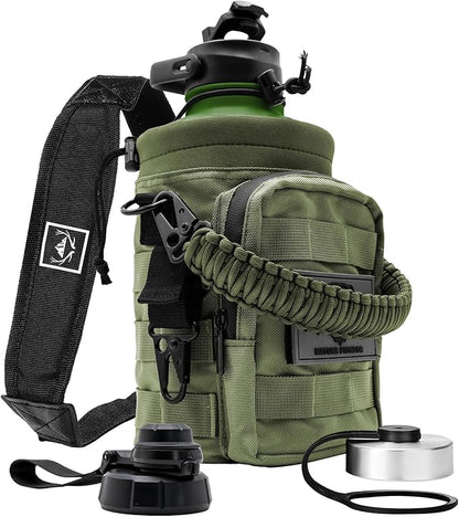 NATURE PIONEOR 64 oz Tactical Water Bottle Set, Stainless Steel Half Gallon Insulated Water Bottle with Tactical MOLLE Bottle Carrier Sleeve, for Outdoor Work, Gym, Hiking, Camping