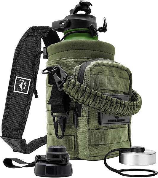 NATURE PIONEOR 64 oz Tactical Water Bottle Set, Stainless Steel Half Gallon Insulated Water Bottle with Tactical MOLLE Bottle Carrier Sleeve, for Outdoor Work, Gym, Hiking, Camping