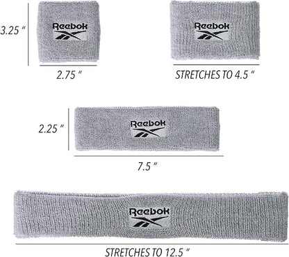3pc Unisex Athletic Sweatband Set - 2.25in Workout Headband & 3.25in Wristbands w/Stay Dry Technology, Terry Cloth Band Moisture-Wicking Fabric | Quality Fitness Accessories for Active Comfort-Reebok