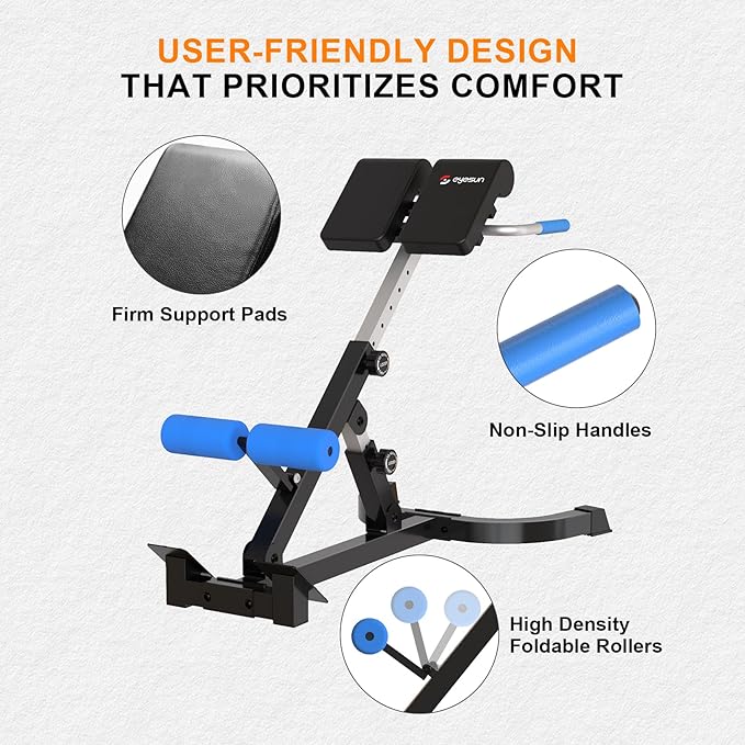 Foldable Back Extension Machine, Roman Chair, Adjustable Ab Back Extension Machine,Core Strength Trainer,Back Exercise Machine for Glute,Ab Workouts,Full All-in-One Body Workout&Home Gym Fitness（Blue）
