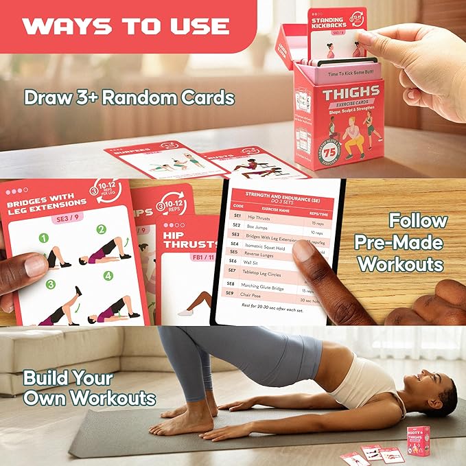 Zinsk 75 Booty & Thighs Exercise Cards - No Equipment Needed Glute Workouts to Shapen and Lift - Compact 3.5" x 2.5" Cards for Fun, Fast Home or Travel Leg and Butt Workouts for Women