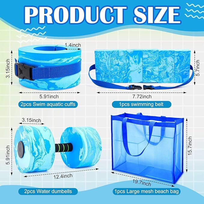 6 Pcs Aquatic Exercise Set Water Aerobics Set Large Mesh Beach Bag Pool Fitness Equipment Foam Water Dumbbell Ankle Swimming Weight Aquatic Swim Belt for Exercise Weight Loss