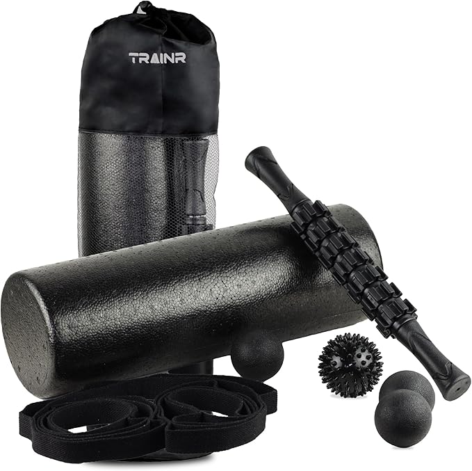 7-Piece Massage Roller Kit with Carrying Bag Trnr-MRK-BLK, Exercise Equipment for Physical Relief, Workout Equipment Includes Foam Roller, Stretching Strap, Spike Ball, Peanut Ball, and More