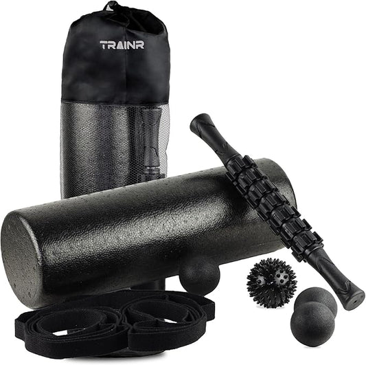 7-Piece Massage Roller Kit with Carrying Bag Trnr-MRK-BLK, Exercise Equipment for Physical Relief, Workout Equipment Includes Foam Roller, Stretching Strap, Spike Ball, Peanut Ball, and More